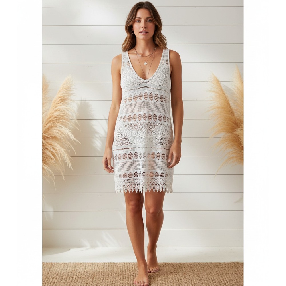 OP Swim Coverup Dress L 11 13 White Eyelet Cutout Lace Boho Cottage Coastal